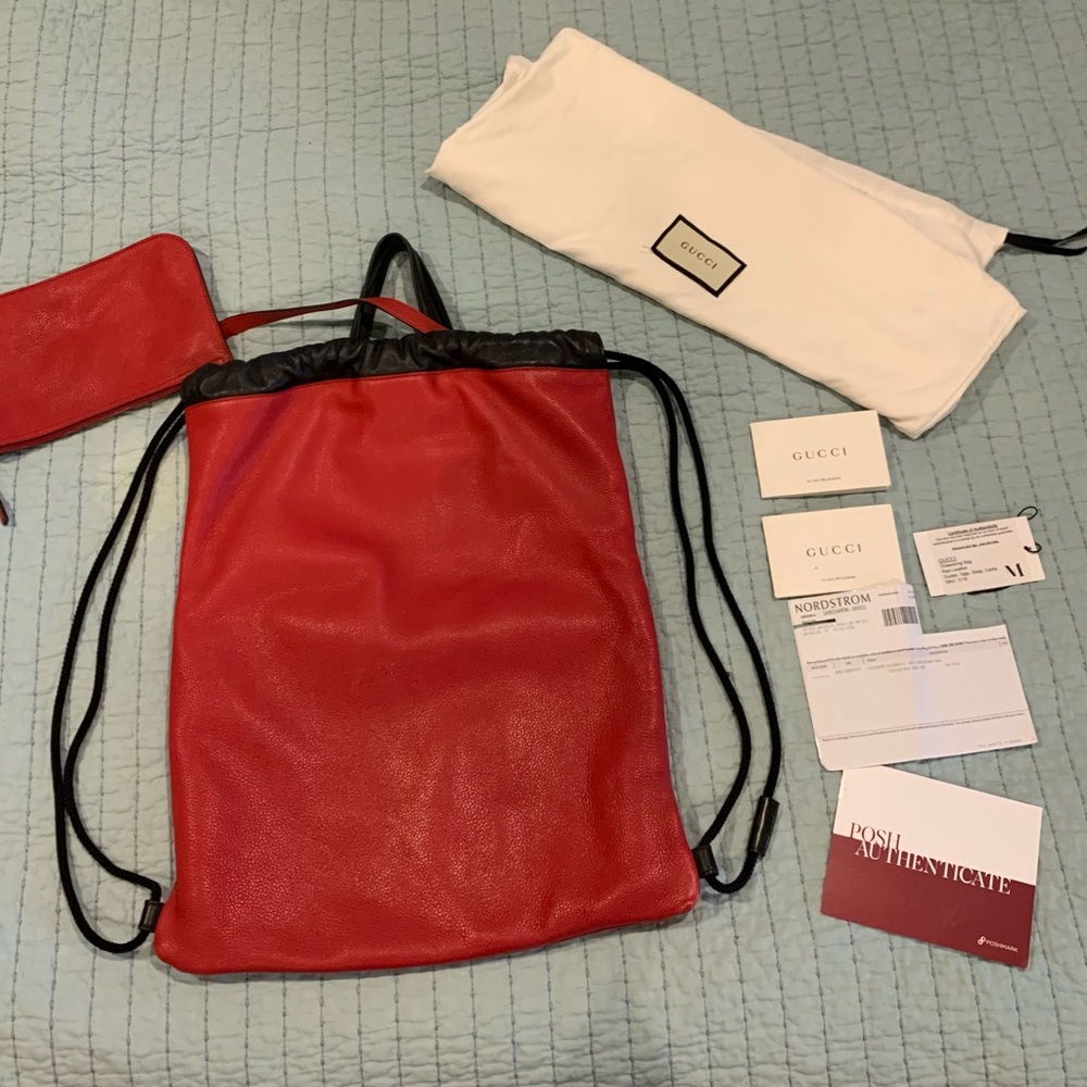 Gucci Red Leather Drawstring Bag - image 2